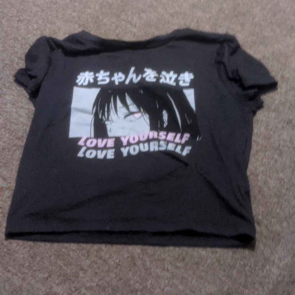 Gray anime crop top that says love yourself